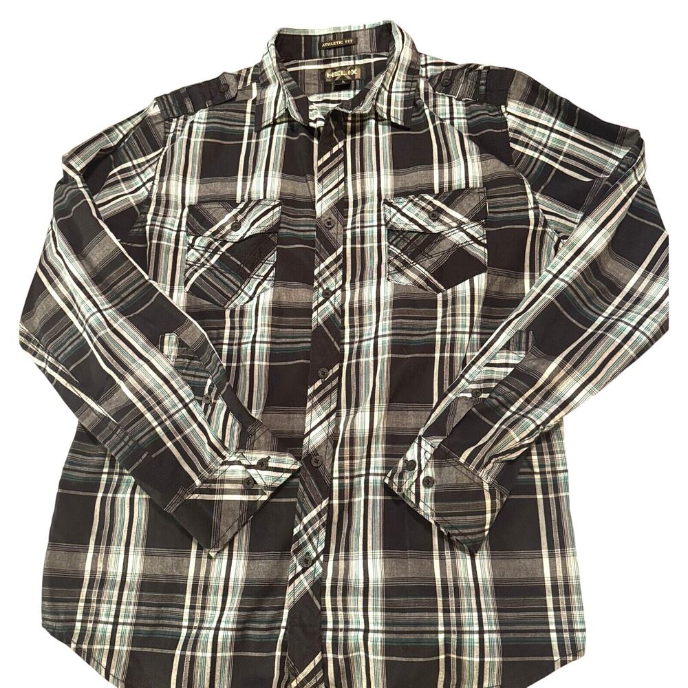 Helix Plaid Button Up Shirt Mens size L Western Athletic Fit Black long Sleeve